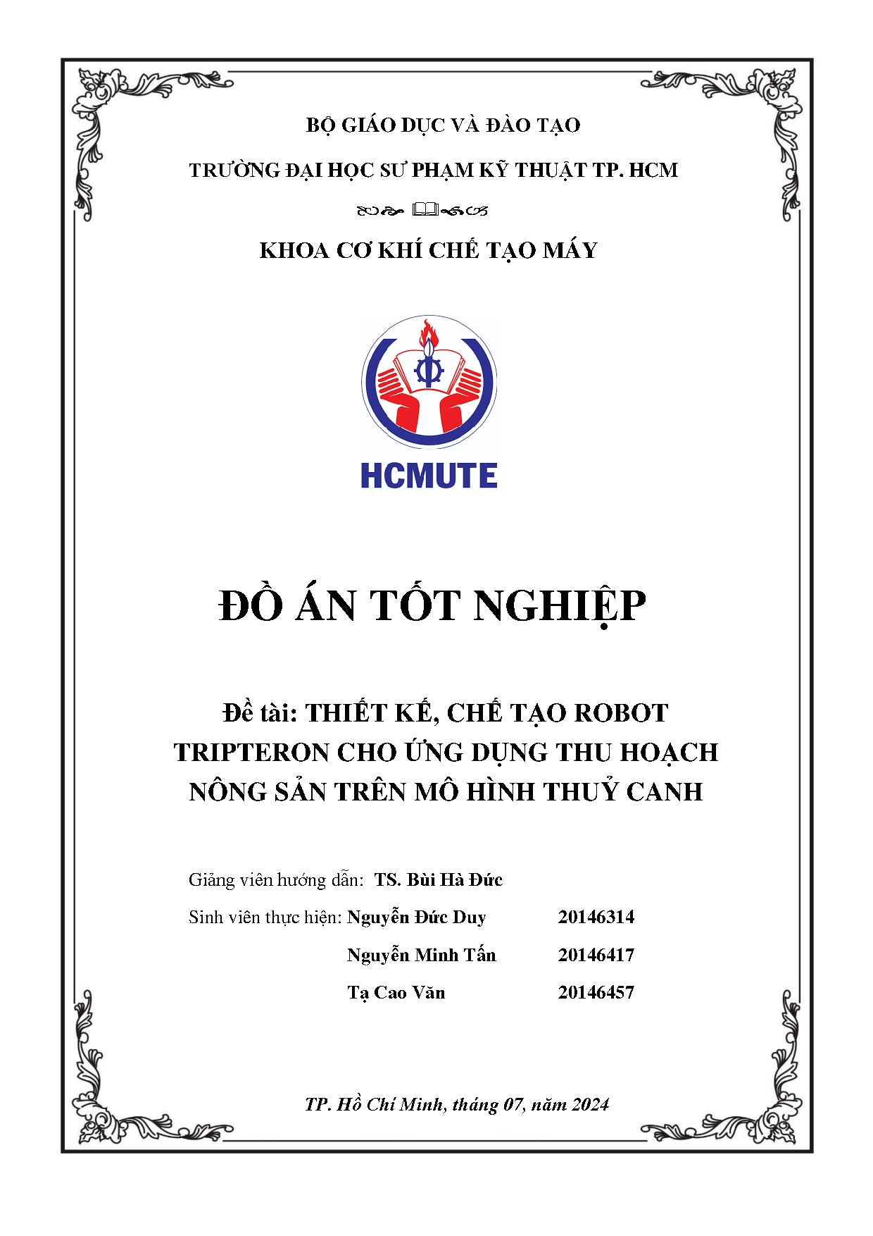 Đồ án tốt nghiệp - Thiết kế, chế tạo robot Tripteron cho ứng dụng thu hoạch nông sản trên mô hình TC