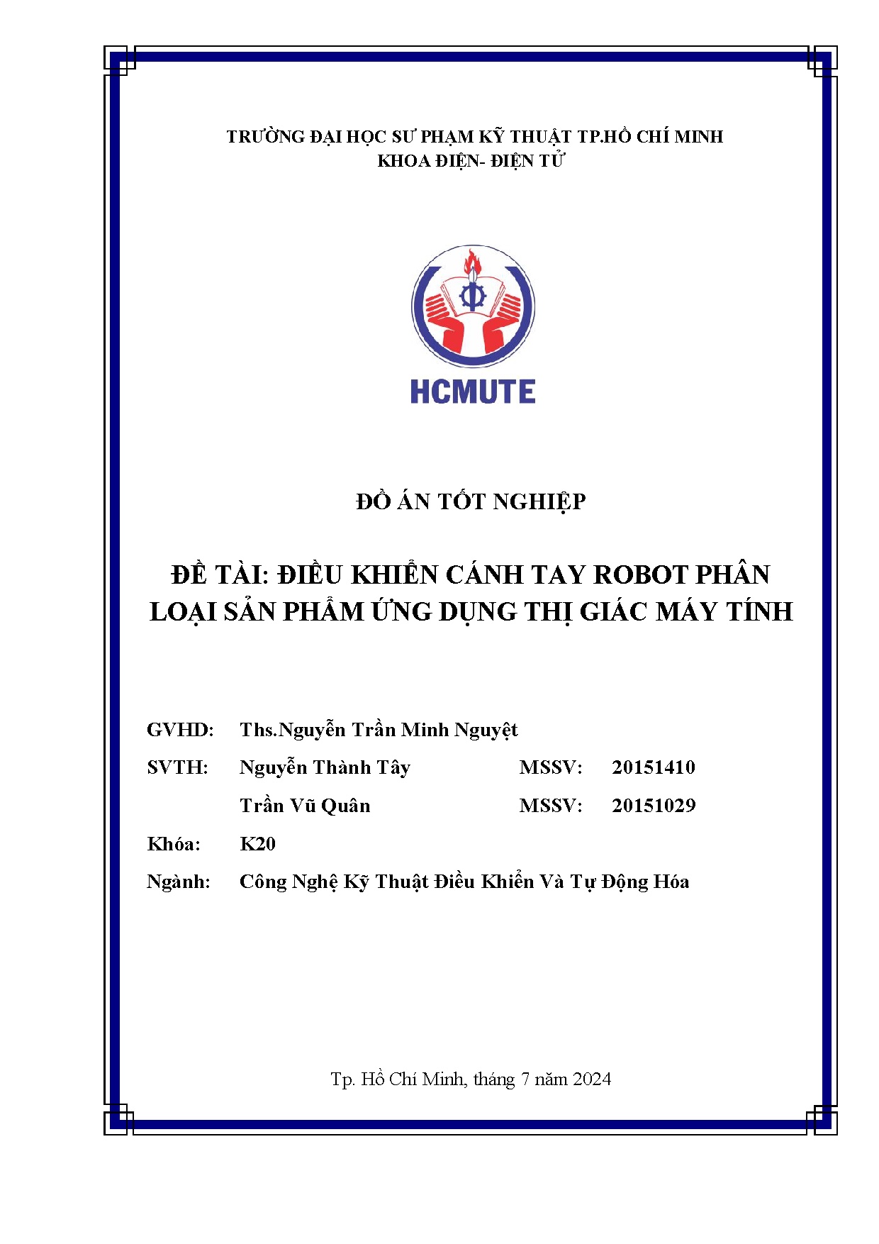 Đồ án tốt nghiệp - Điều khiển cánh tay robot phân loại sản phẩm ứng dụng thị giác máy tính