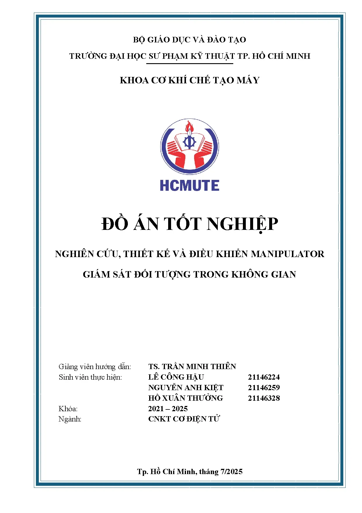 Đồ án tốt nghiệp - Nghiên cứu, thiết kế và điều khiển Manipulator giám sát đổi tượng trong không G