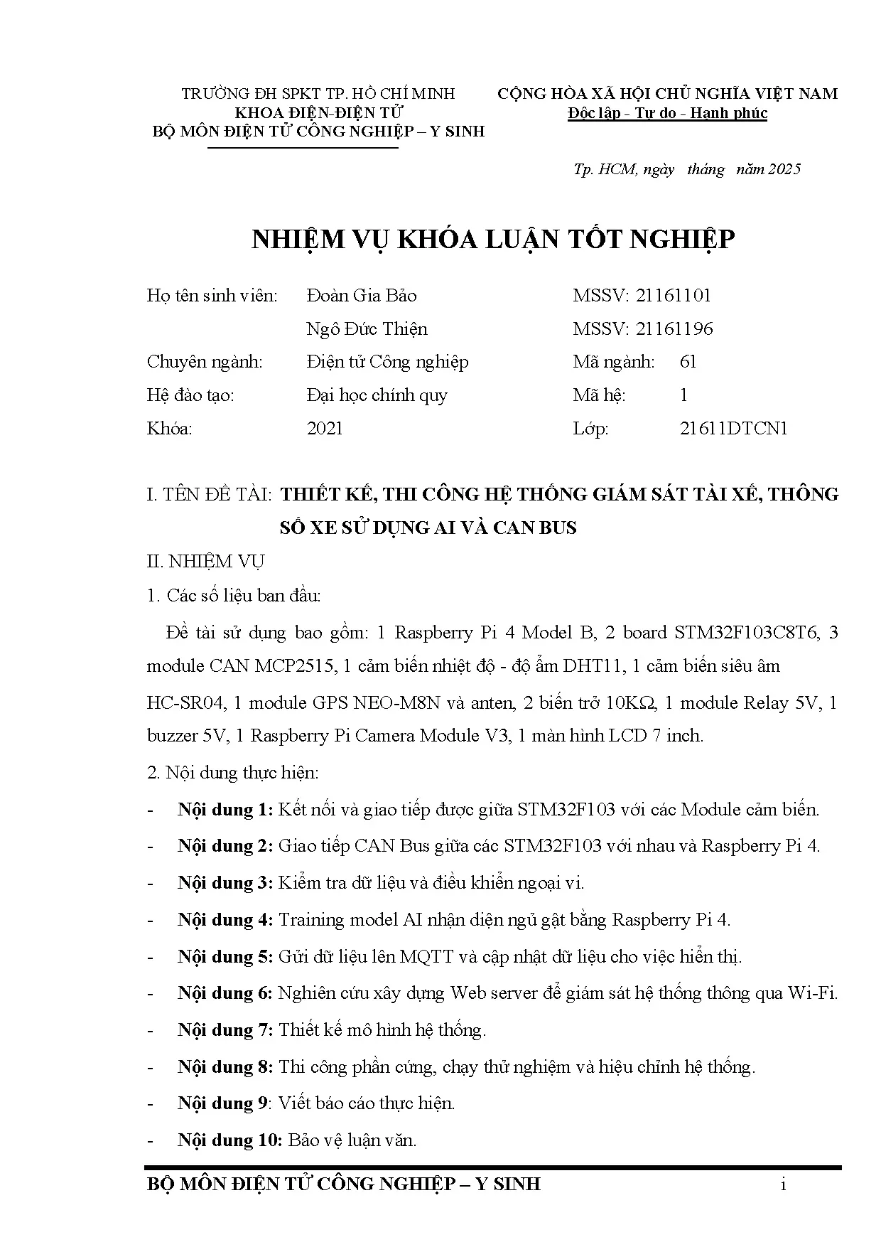 Đồ án tốt nghiệp - Thiết kế và thi công hệ thống giám sát tài xế, thông số xe sử dụng AI và Can Bus - Trang 3