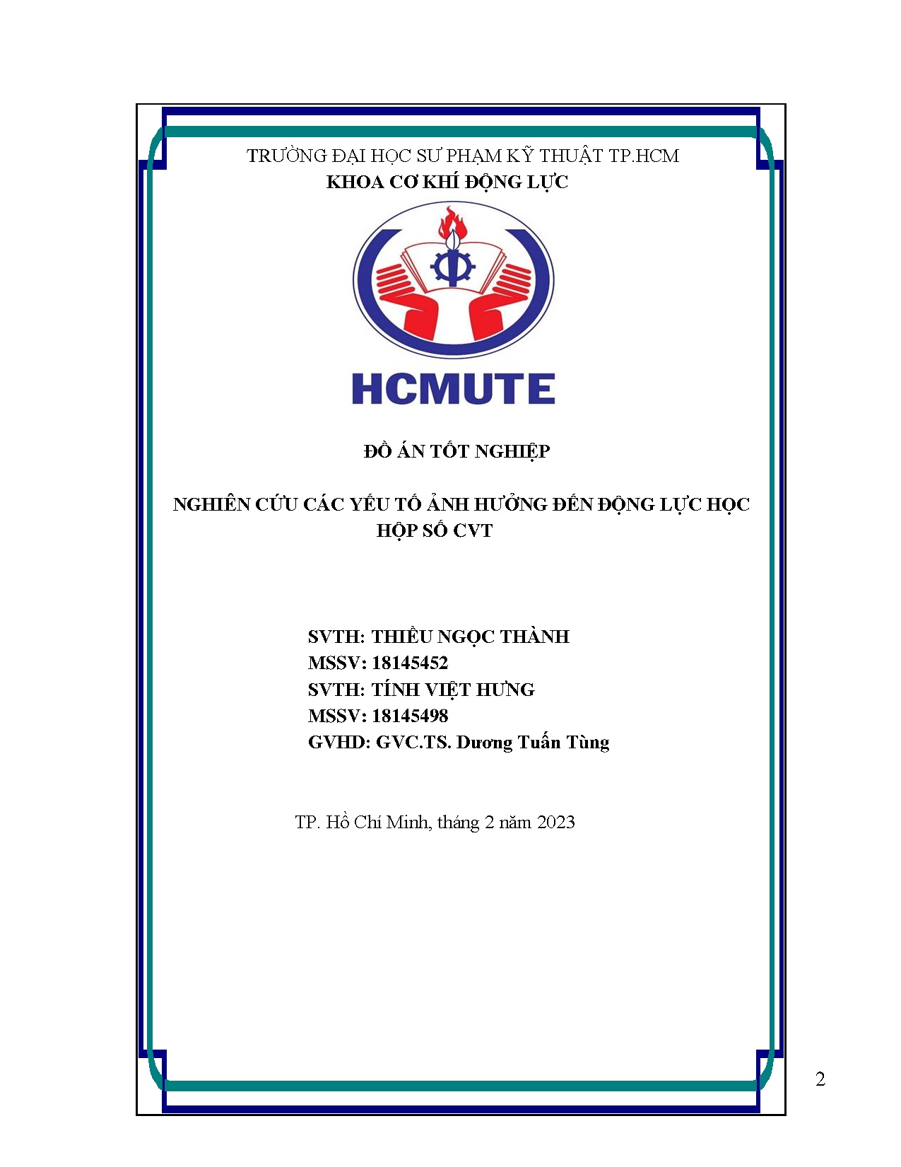 Đồ án tốt nghiệp - Nghiên cứu các yếu tố ảnh hưởng đến động lực học hộp số CVT