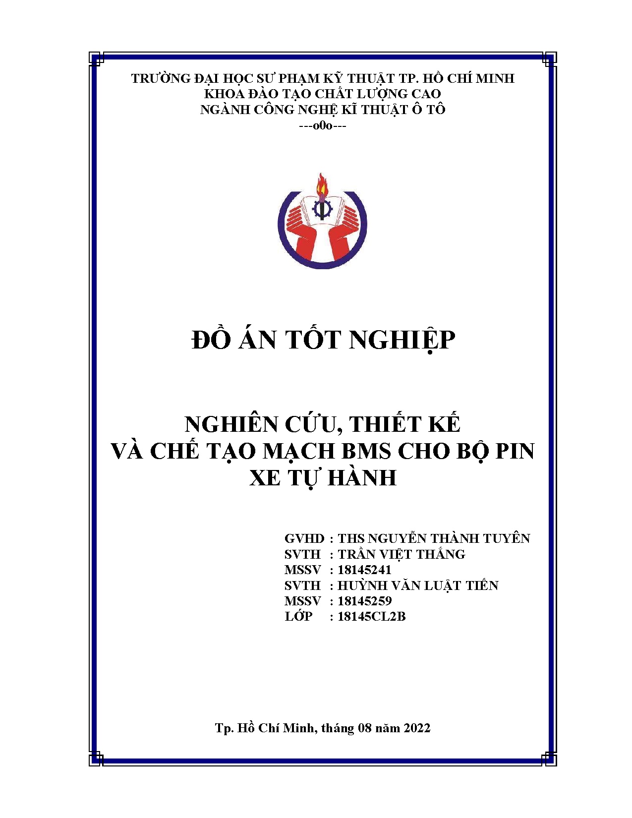 Đồ án tốt nghiệp - Nghiên cứu, thiết kế và chế tạo mạch BMS cho bộ pin xe tự hành