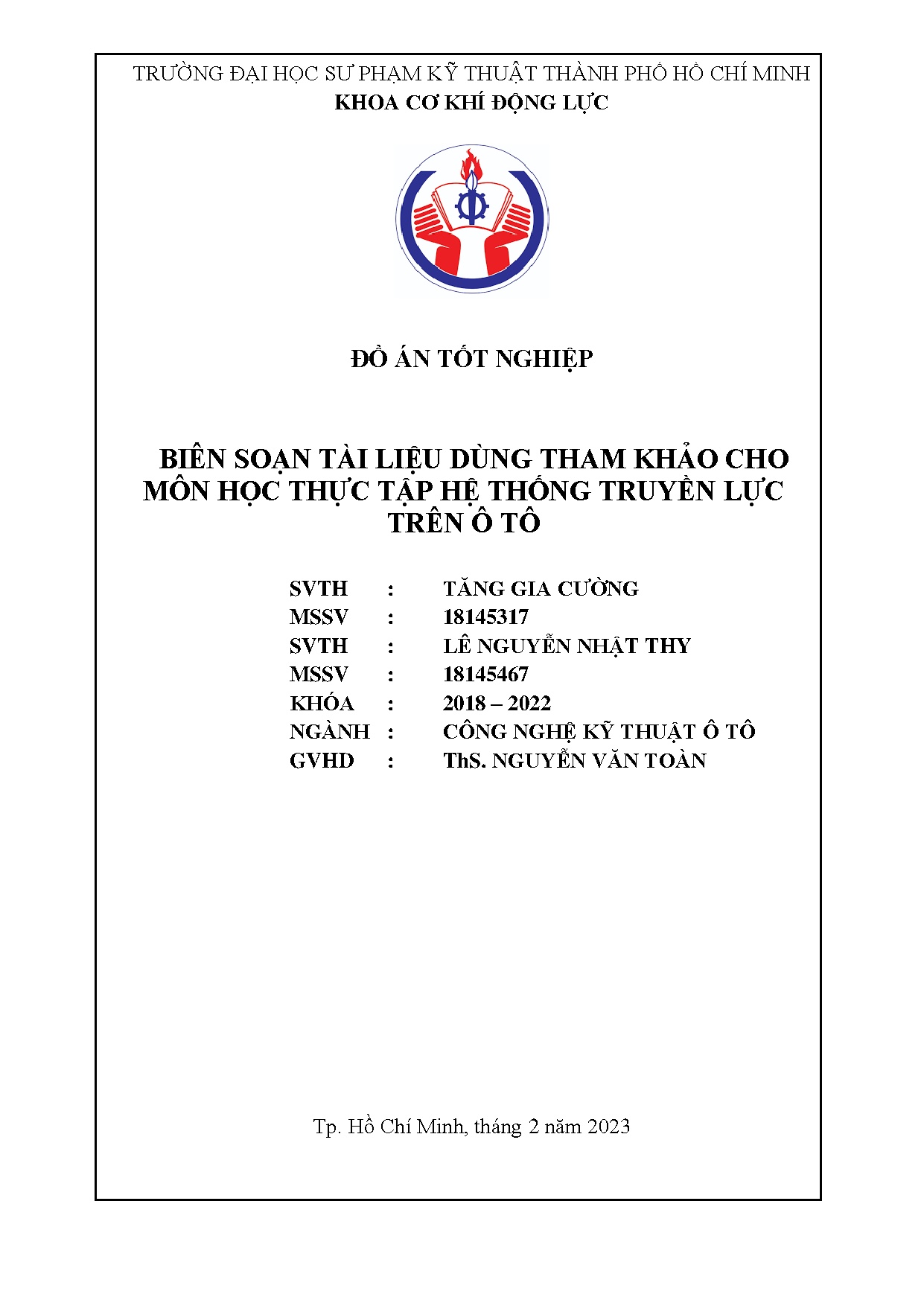 Đồ án tốt nghiệp - Biên soạn tài liệu dùng tham khảo cho môn học Thực tập hệ thống truyền lực T ô T