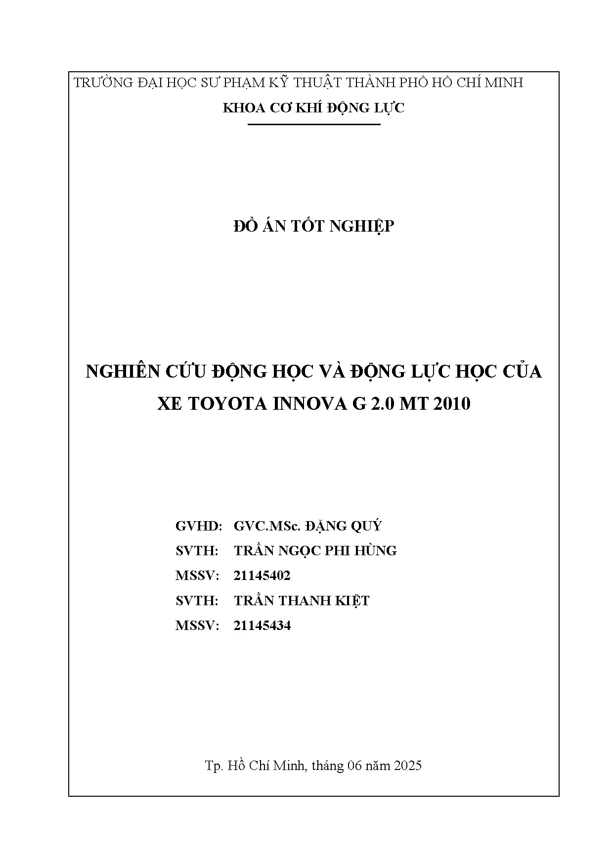 Đồ án tốt nghiệp - Nghiên cứu động học và động lực học của xe Toyota Innova G 2.0 MT 2010