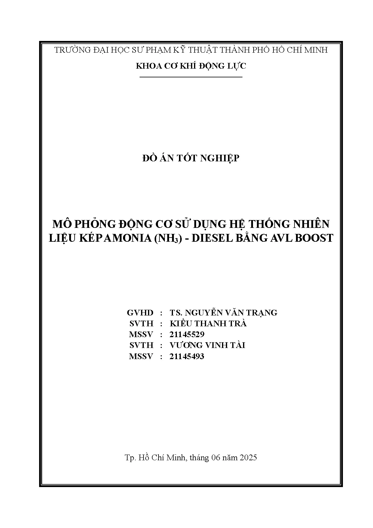 Đồ án tốt nghiệp - Mô phỏng động cơ sử dụng hệ thống nhiên liệu kép Amonia (NH3) - Diesel bằng AVL B
