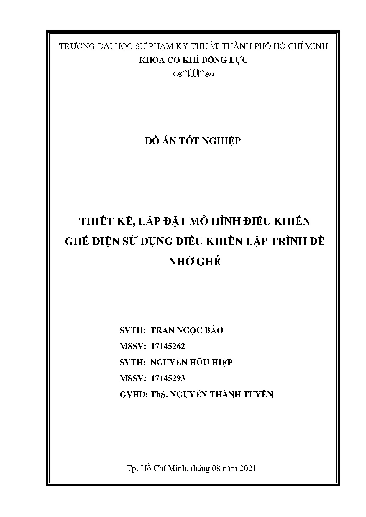 Đồ án tốt nghiệp - Thiết kế, lắp đặt mô hình điều khiển ghế điện sử dụng điều khiển lập trình để NG