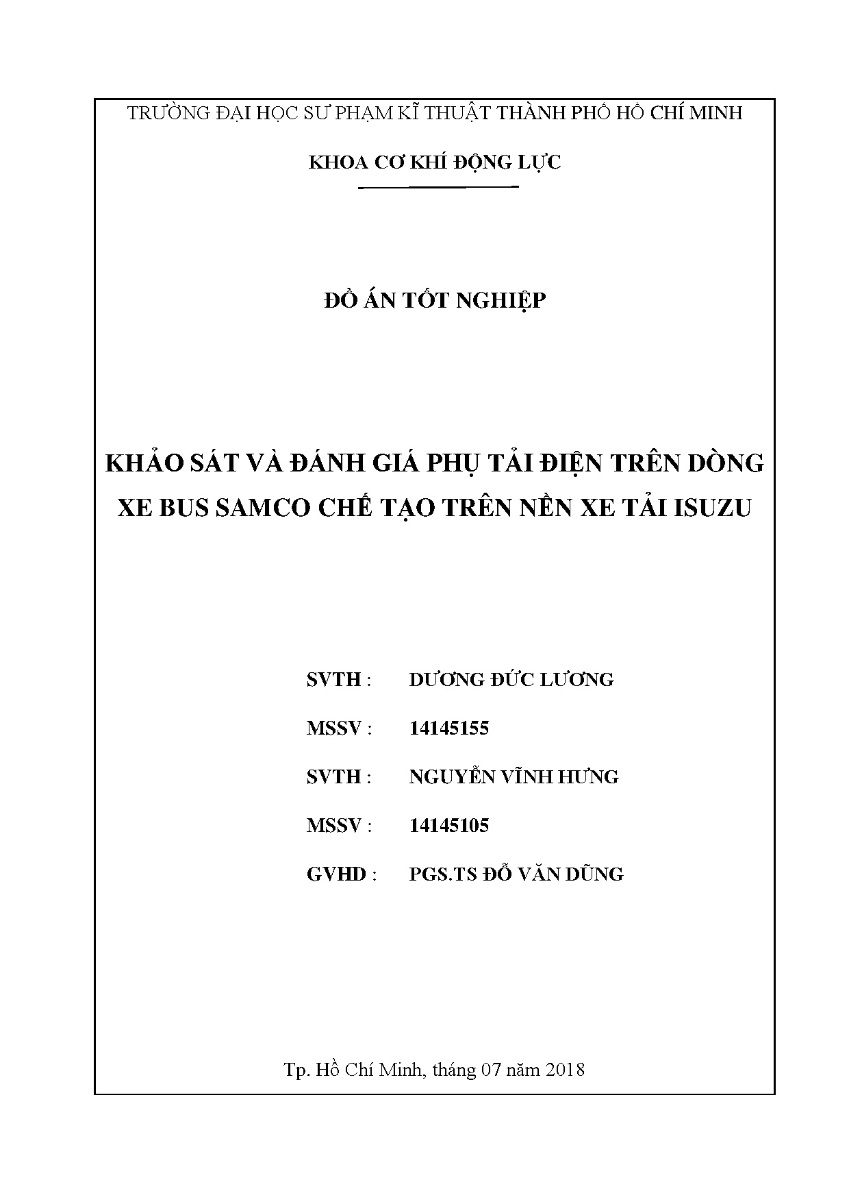 Đồ án tốt nghiệp - Khảo sát và đánh giá phụ tải điện trên dòng xe bus Samco chế tạo trên nền xe TI