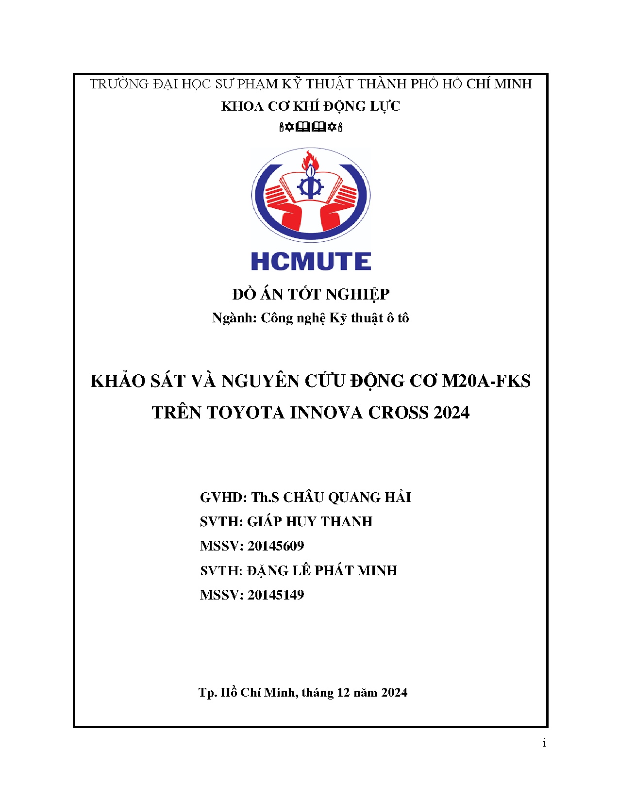 Đồ án tốt nghiệp - Khảo sát và nghiên cứu động cơ M20A-FKS trên Toyota Innova Cross 2024