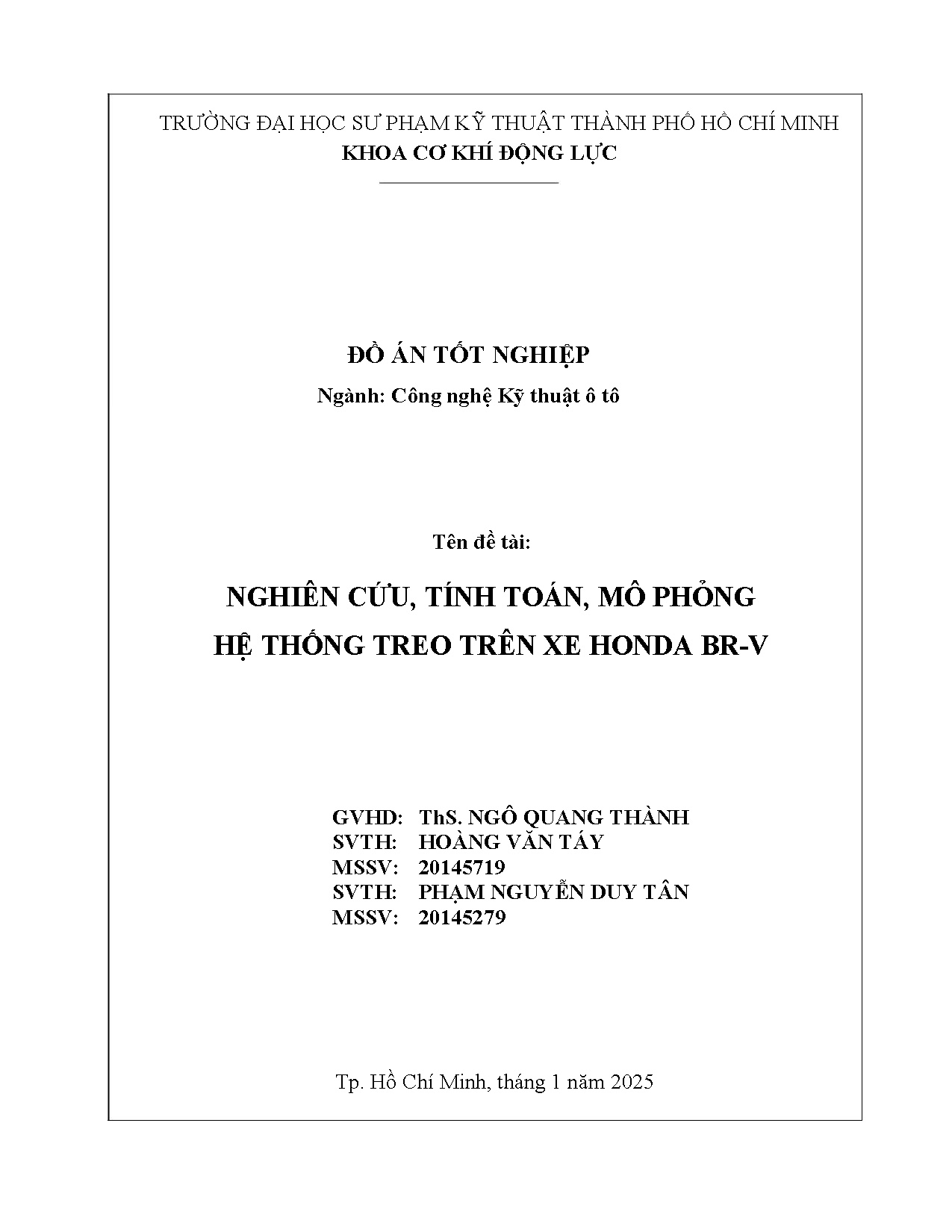 Đồ án tốt nghiệp - Nghiên cứu, tính toán, mô phỏng hệ thống treo trên xe Honda BR-V