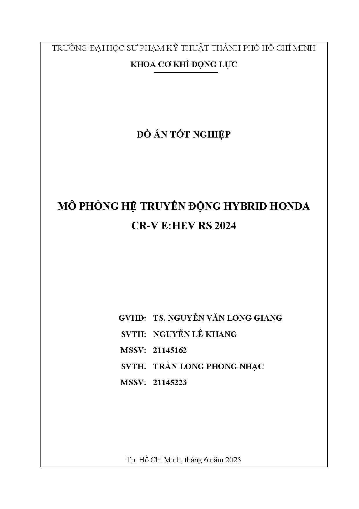 Đồ án tốt nghiệp - Mô phỏng hệ thống truyền động Hybrid Honda CR-V E:HEV RS 2024