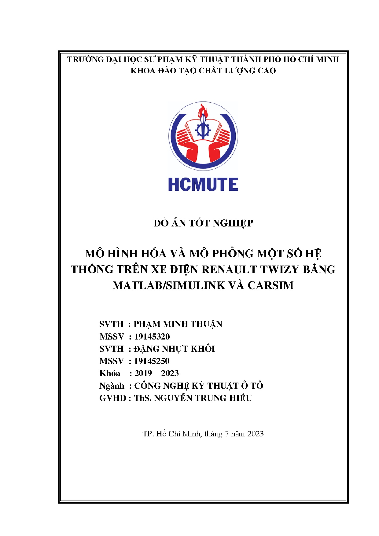 Đồ án tốt nghiệp - Mô hình hoá và mô phỏng một số hệ thống trên xe điện Renault Twizy bằng MVC