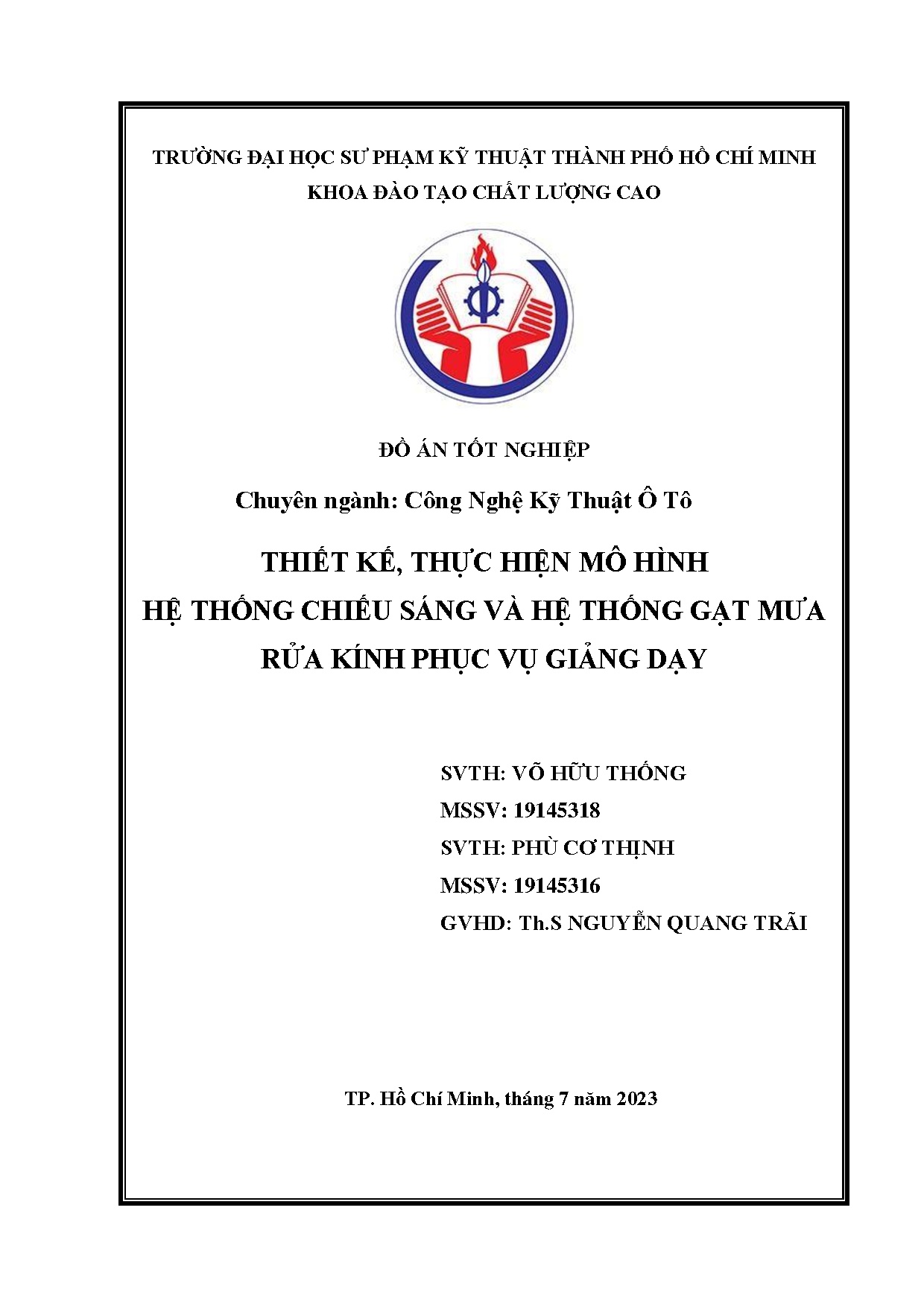 Đồ án tốt nghiệp - Thiết kế, thực hiện mô hình hệ thống chiếu sáng và hệ thống gạt mưa rửa kính PVGD