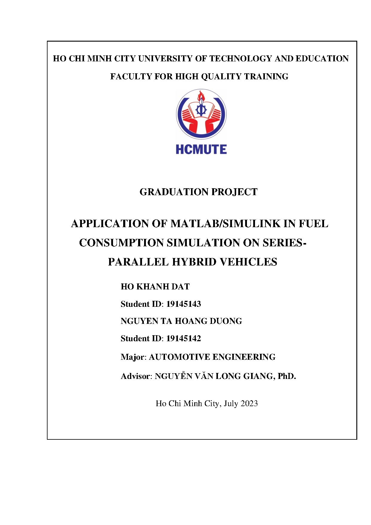 Đồ án tốt nghiệp - Application of Matlab/Simulink in fuel consumption simulation on series - PHV