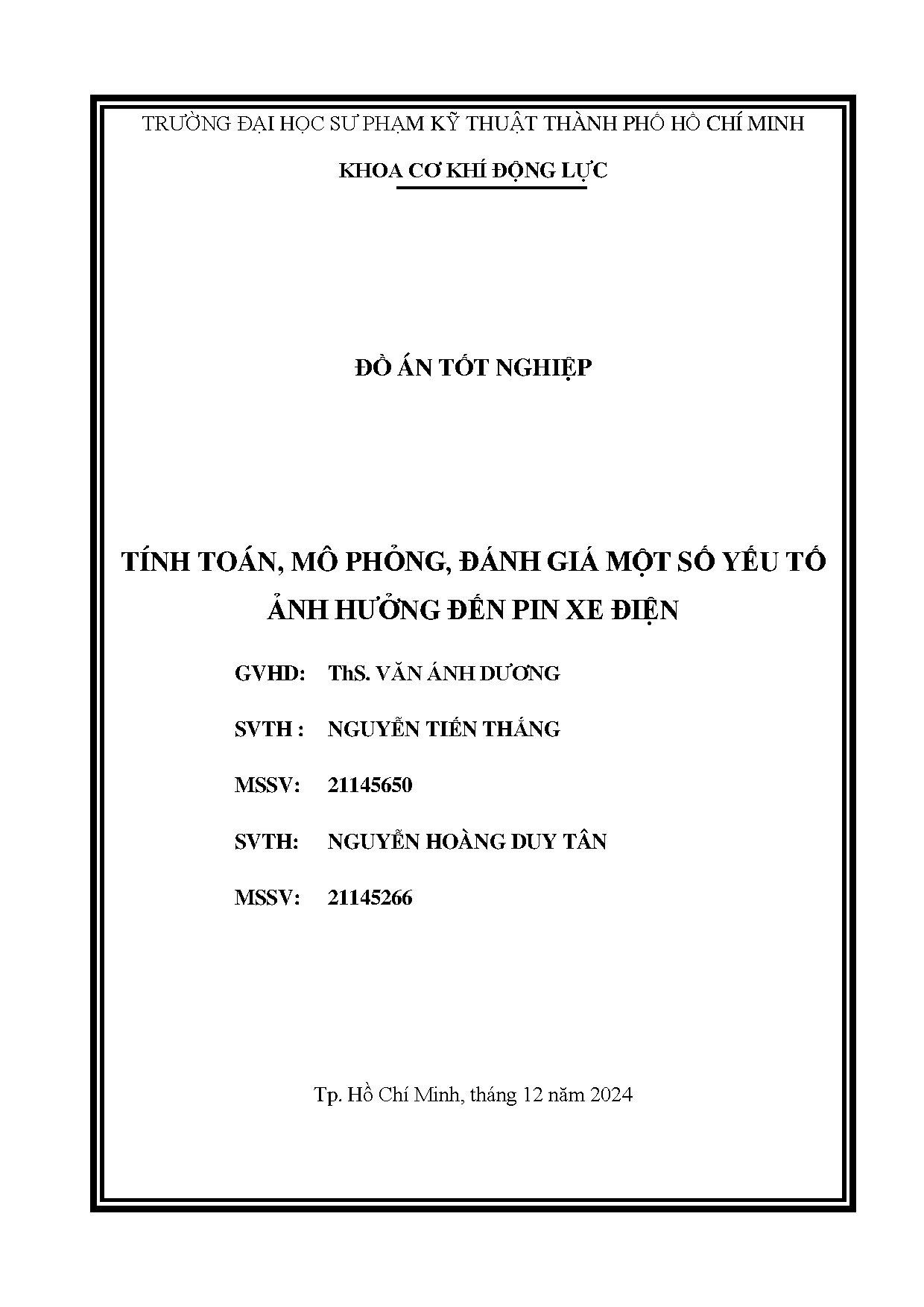 Đồ án tốt nghiệp - Tính toán, mô phỏng, đánh giá một số yếu tố ảnh hưởng đến pin xe điện