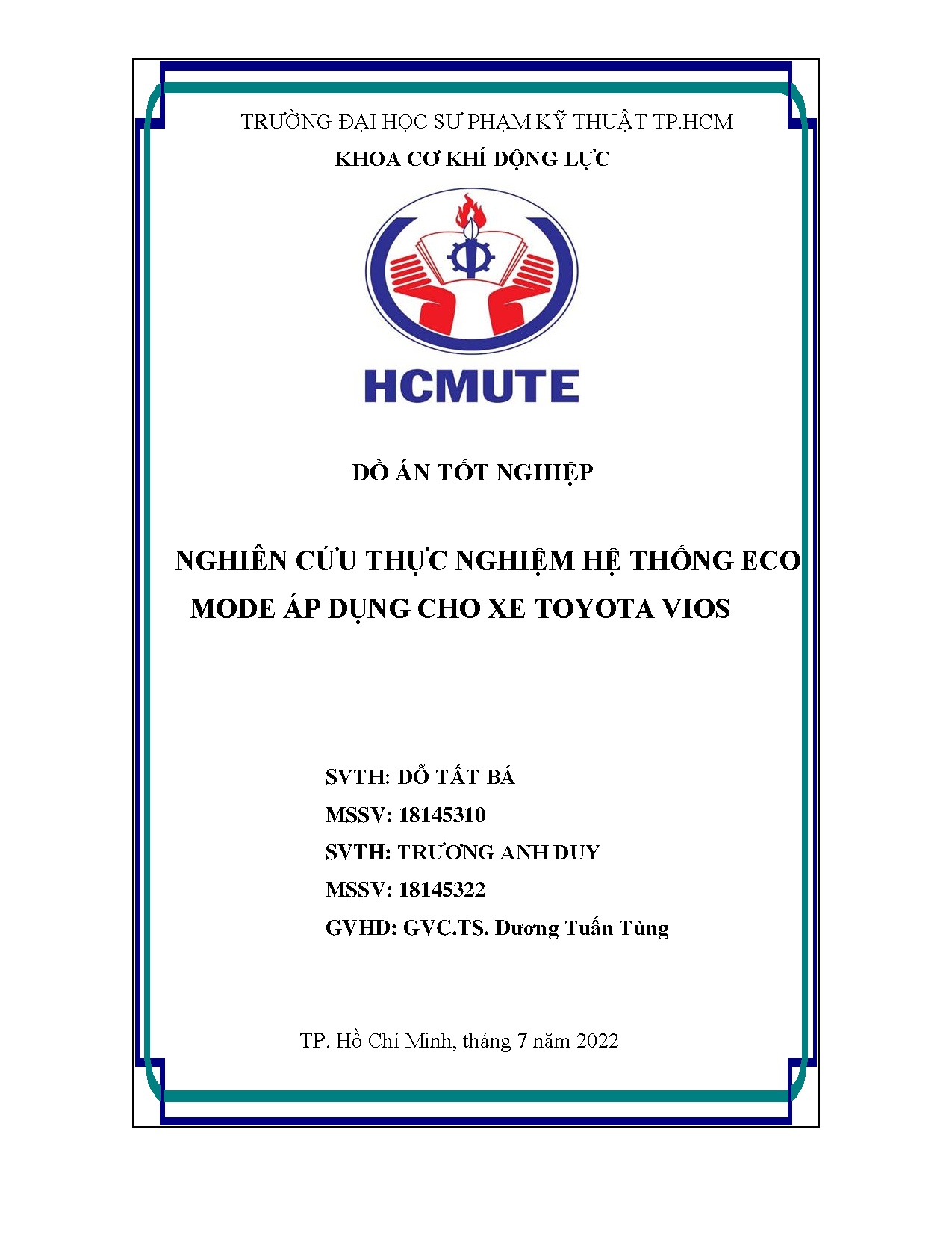 Đồ án tốt nghiệp - Nghiên cứu thực nghiệm hệ thống Eco Mode áp dụng cho xe Toyota Vios