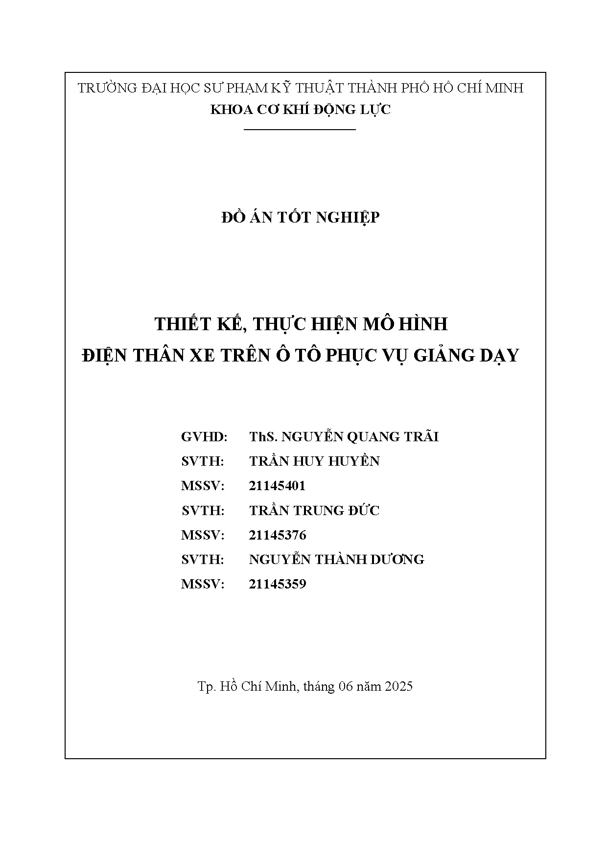 Đồ án tốt nghiệp - Thiết kế, thực hiện mô hình điện thân xe trên ô tô phục vụ giảng dạy