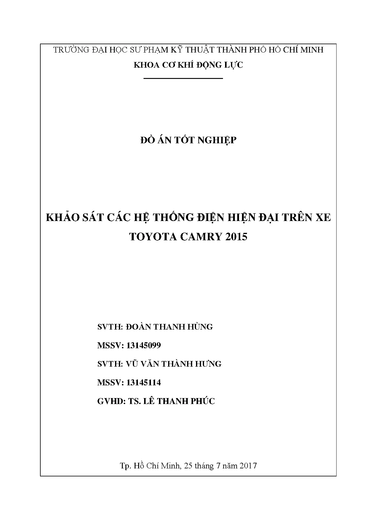 Đồ án tốt nghiệp - Khảo sát các hệ thống điện hiện đại trên xe Toyota Camry 2015