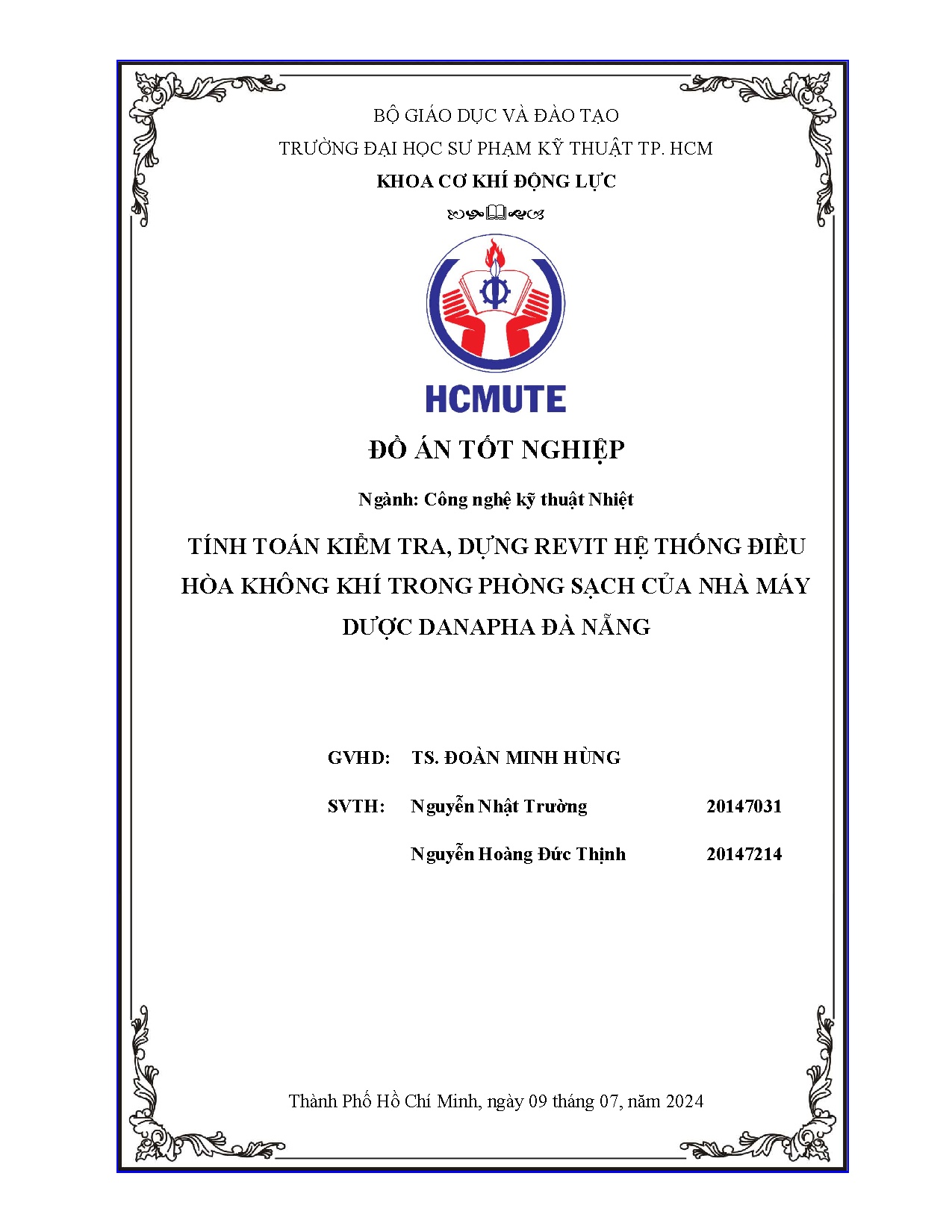 Đồ án tốt nghiệp - Tính toán kiểm tra, dựng revit hệ thống điều hòa không khí trong phòng SCNMDDĐN