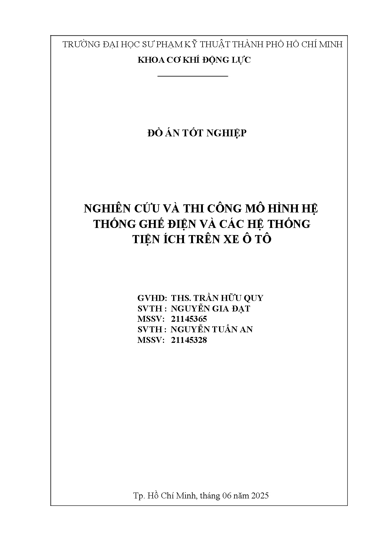 Đồ án tốt nghiệp - Nghiên cứu và thi công mô hình hệ thống ghế điện và các hệ thống tiện ích TX ô T