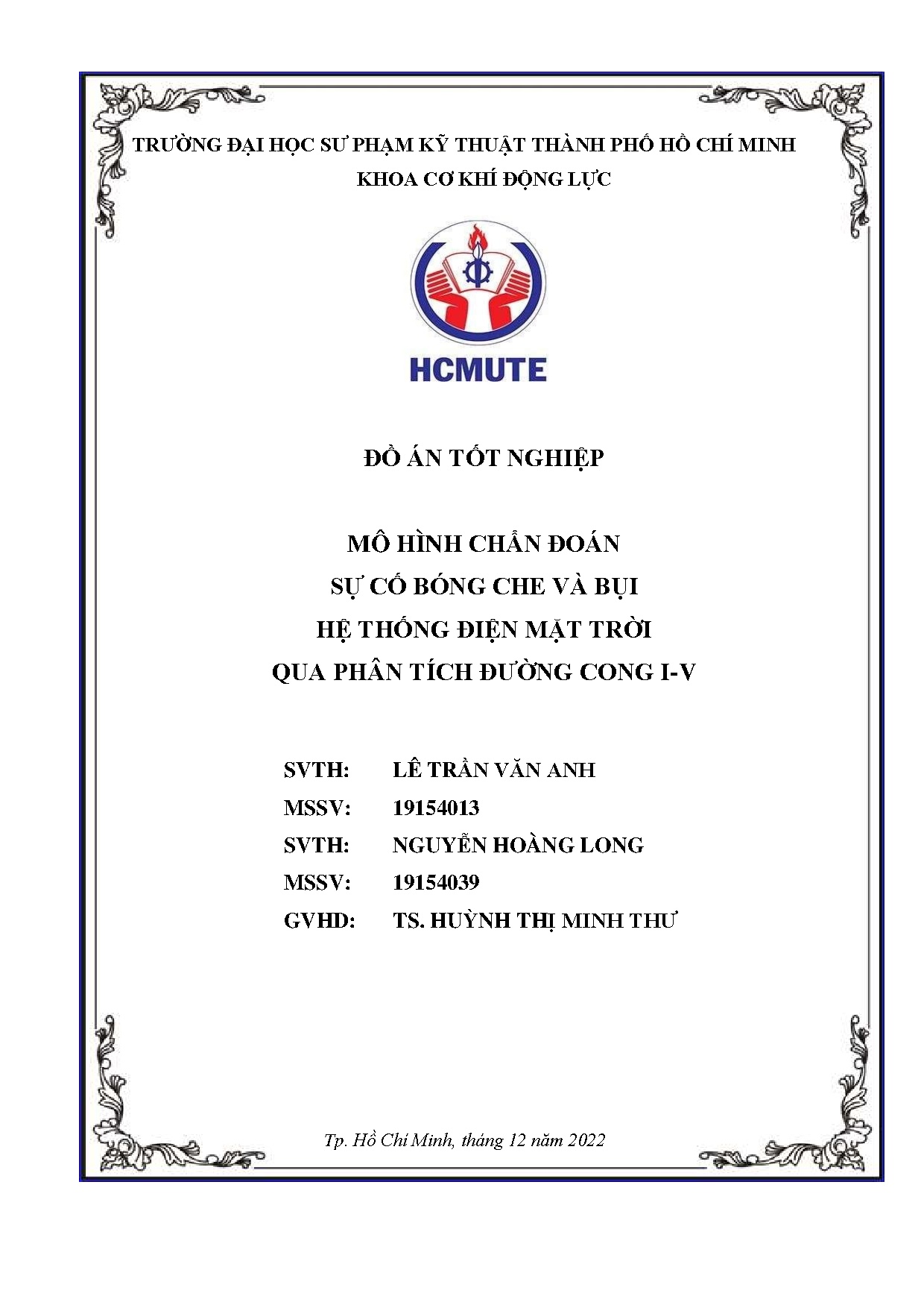 Đồ án tốt nghiệp - Mô hình chẩn đoán sự cố bóng che và bụi hệ thống điện mặt trời qua phân tích ĐCI
