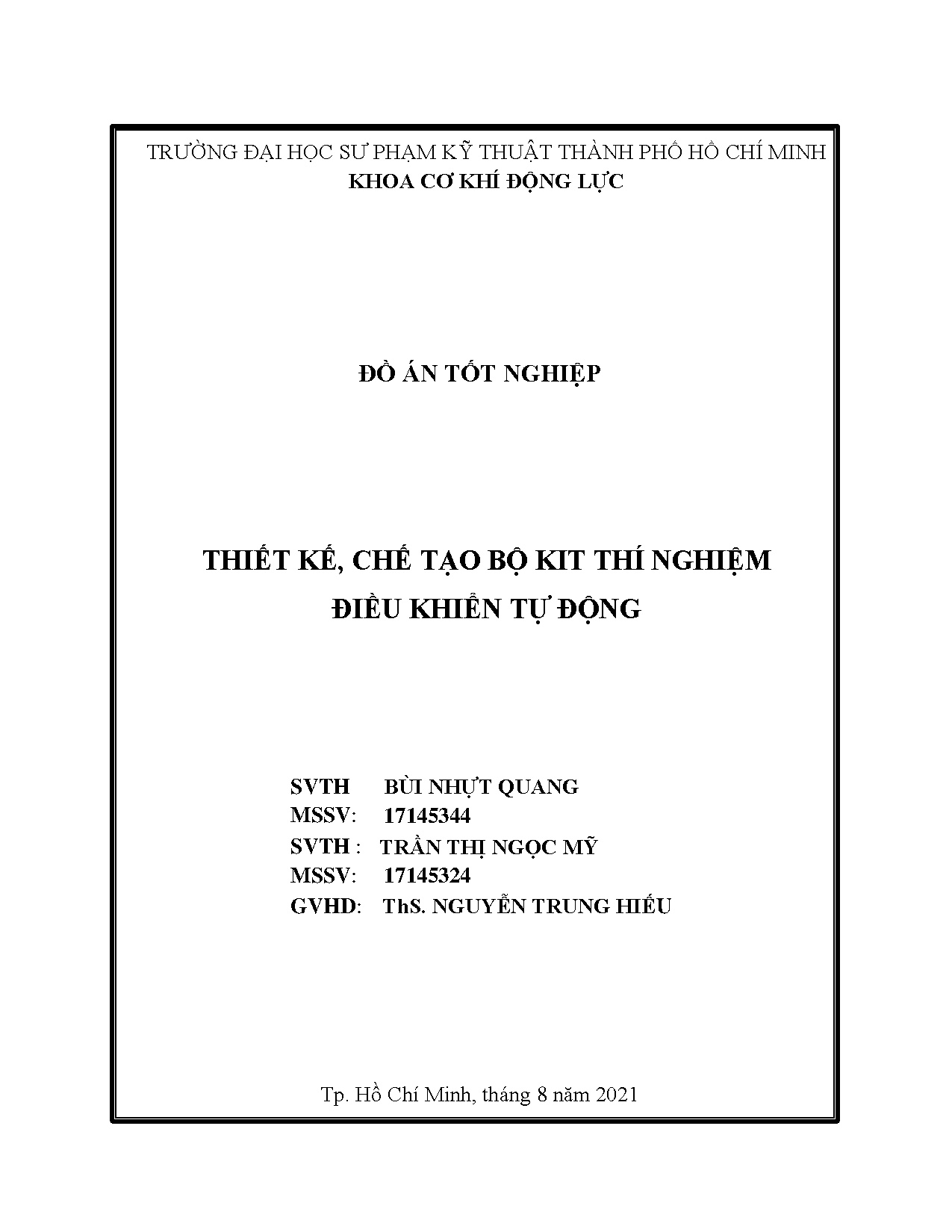 Đồ án tốt nghiệp - Thiết kế, chế tạo bộ kit thí nghiệm điều khiển tự động