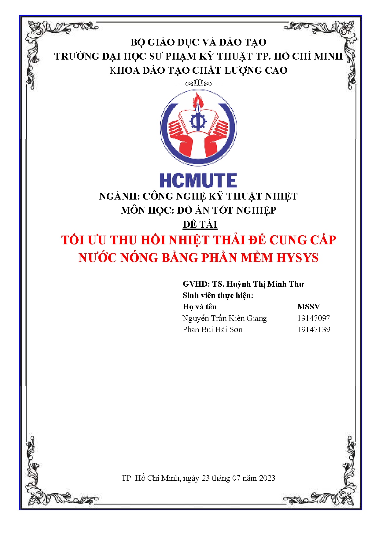 Đồ án tốt nghiệp - Tối ưu thu hồi nhiệt thải để cung cấp nước nóng bằng phần mềm Hysys