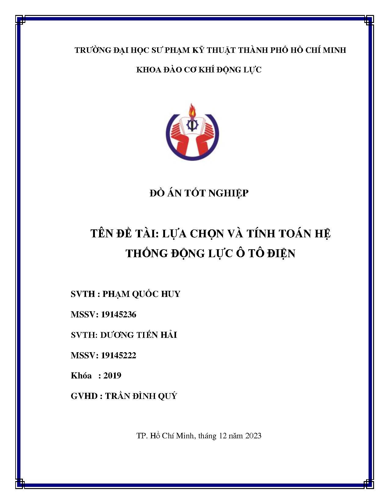 Đồ án tốt nghiệp - Lựa chọn và tính toán hệ thống động lực ô tô điện