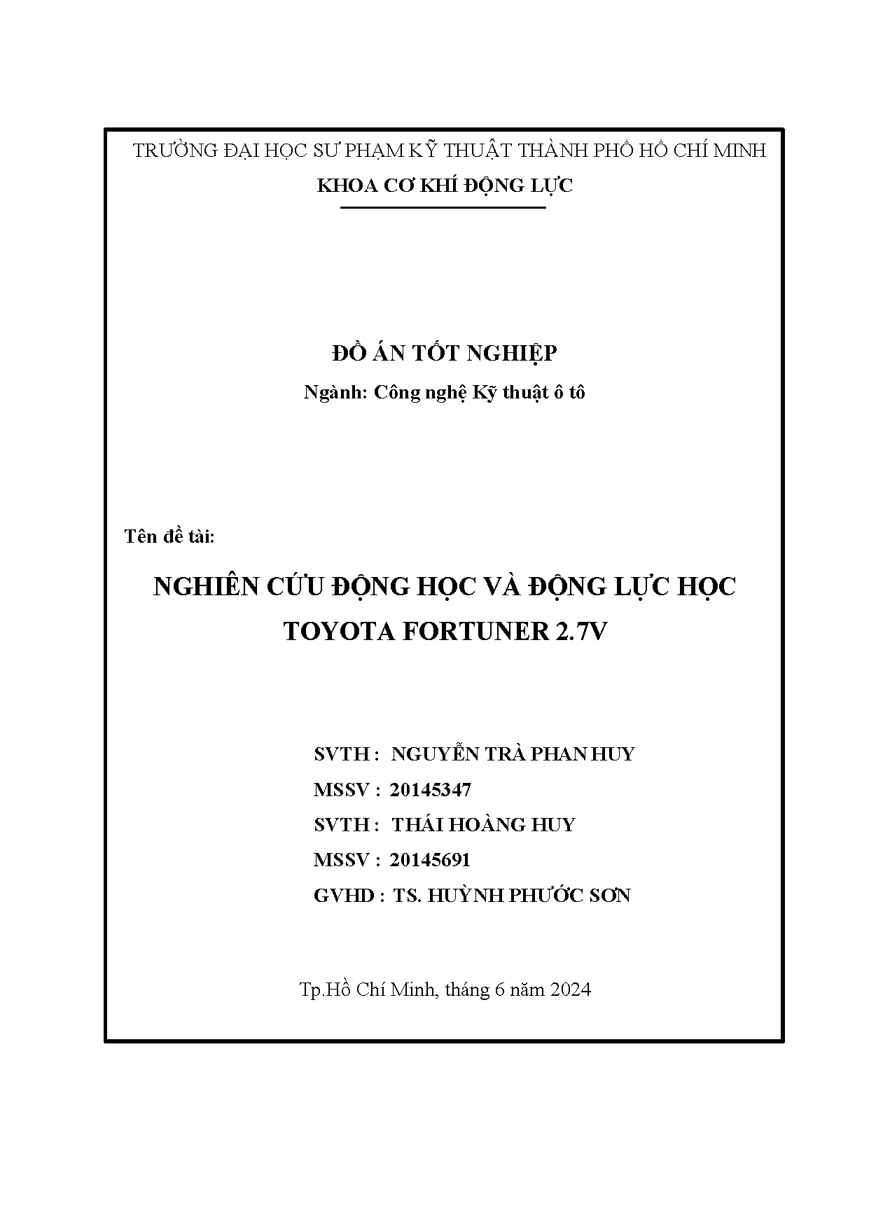 Đồ án tốt nghiệp - Nghiên cứu động học và động lực học Toyota Fortuner 2.7V
