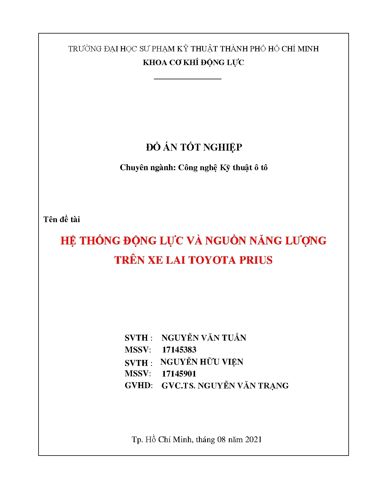 Đồ án tốt nghiệp - Hệ thống động lực và nguồn năng lượng trên xe lai Toyota Prius