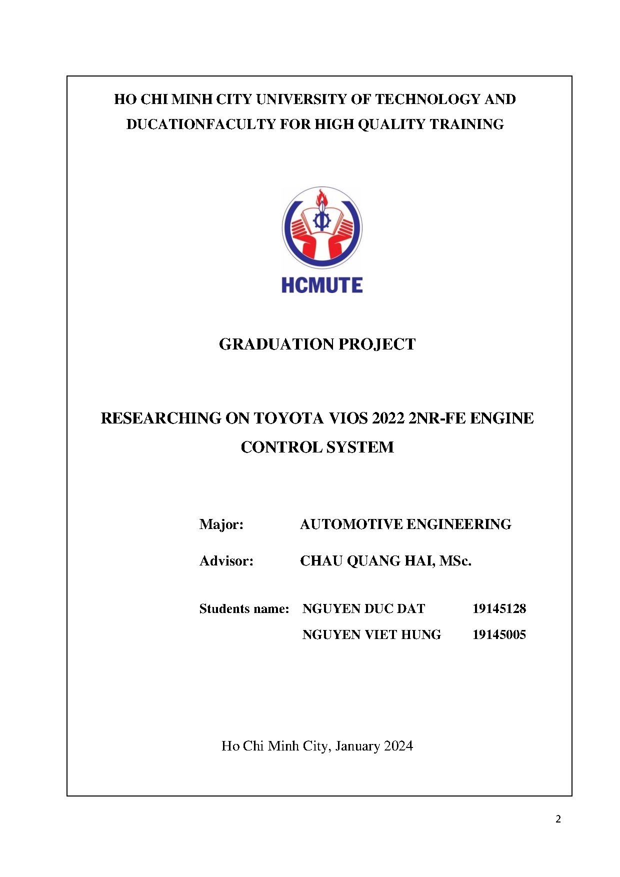 Đồ án tốt nghiệp - Researching on Toyota Vios 2022 2NR-FE engine control system