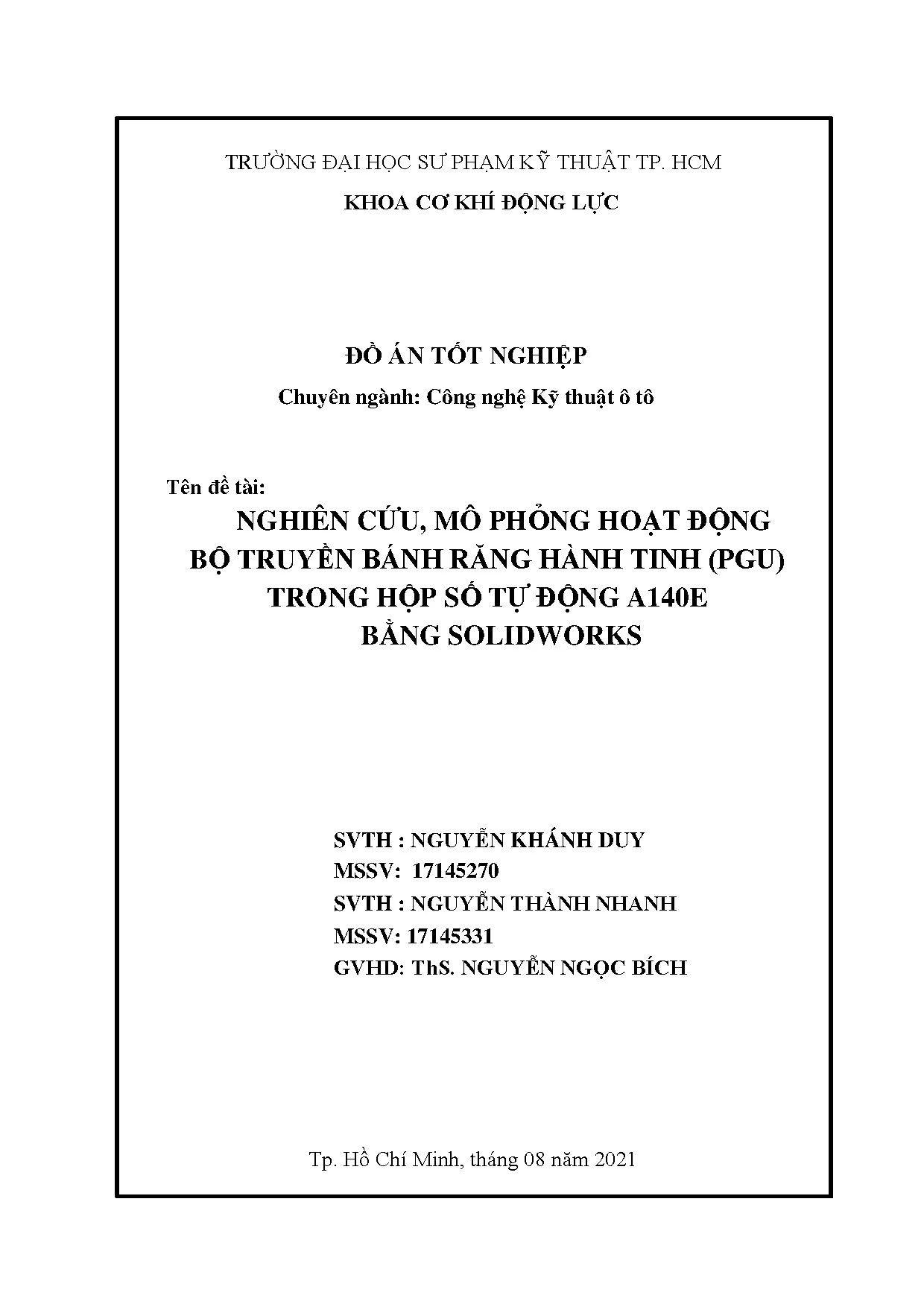 Đồ án tốt nghiệp - Nghiên cứu, mô phỏng hoạt động bộ truyền bánh răng hành tinh (PGU) trong HSTĐABS