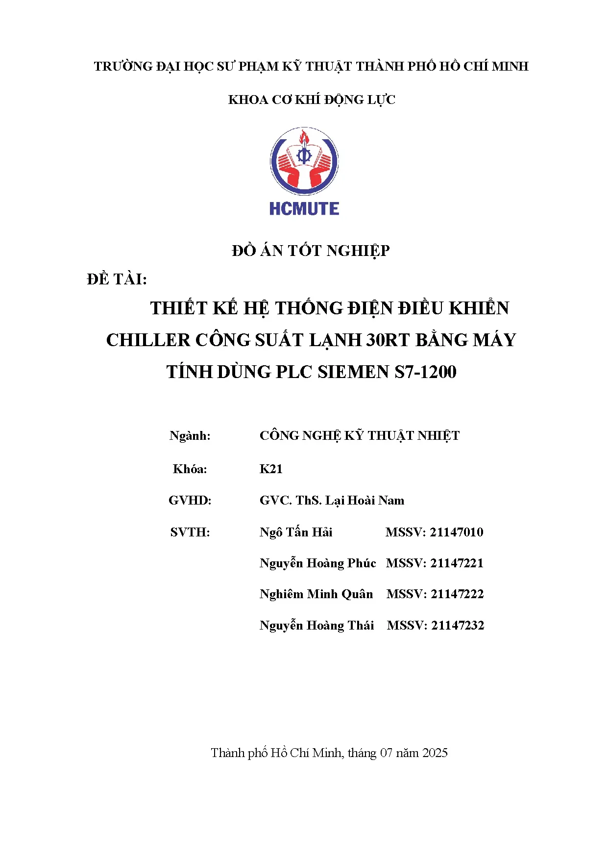 Đồ án tốt nghiệp - Thiết kế hệ thống điện điều khiển Chiller công suất lạnh 30RT bằng máy tính DPSS
