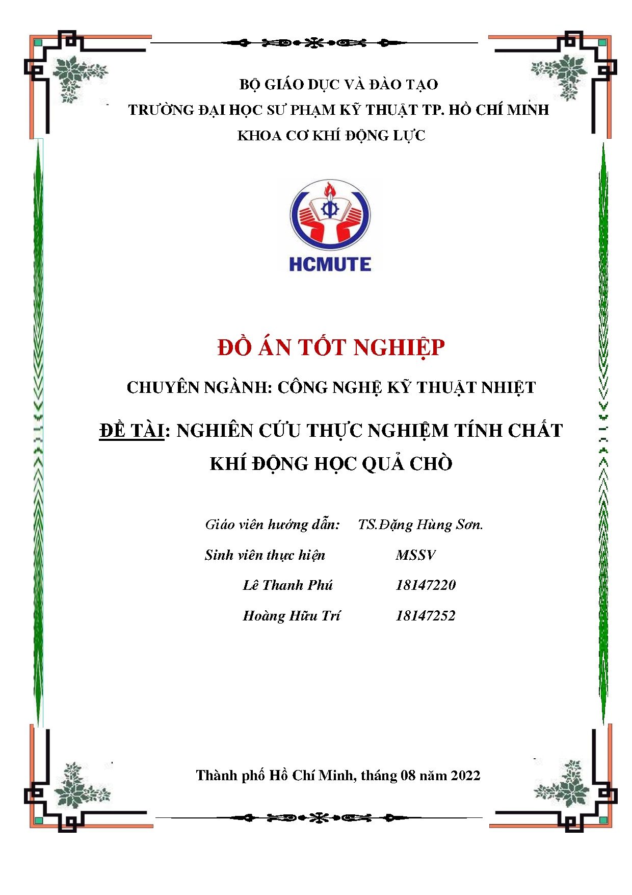 Đồ án tốt nghiệp - Nghiên cứu thực nghiệm tính chất khí động học quả chò