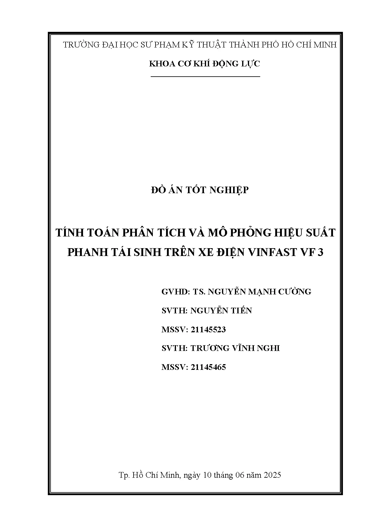 Đồ án tốt nghiệp - Tính toán phân tích và mô phỏng hiệu suất phanh tái sinh trên xe điện Vinfast VF3