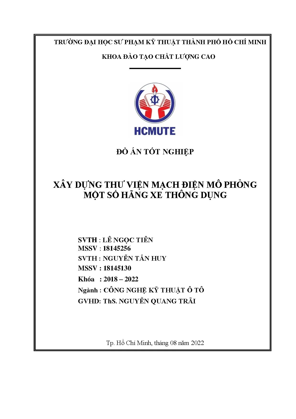 Đồ án tốt nghiệp - Xây dựng thư viện mạch điện mô phỏng một số hãng xe thông dụng: Đồ án TNNCNKTÔT