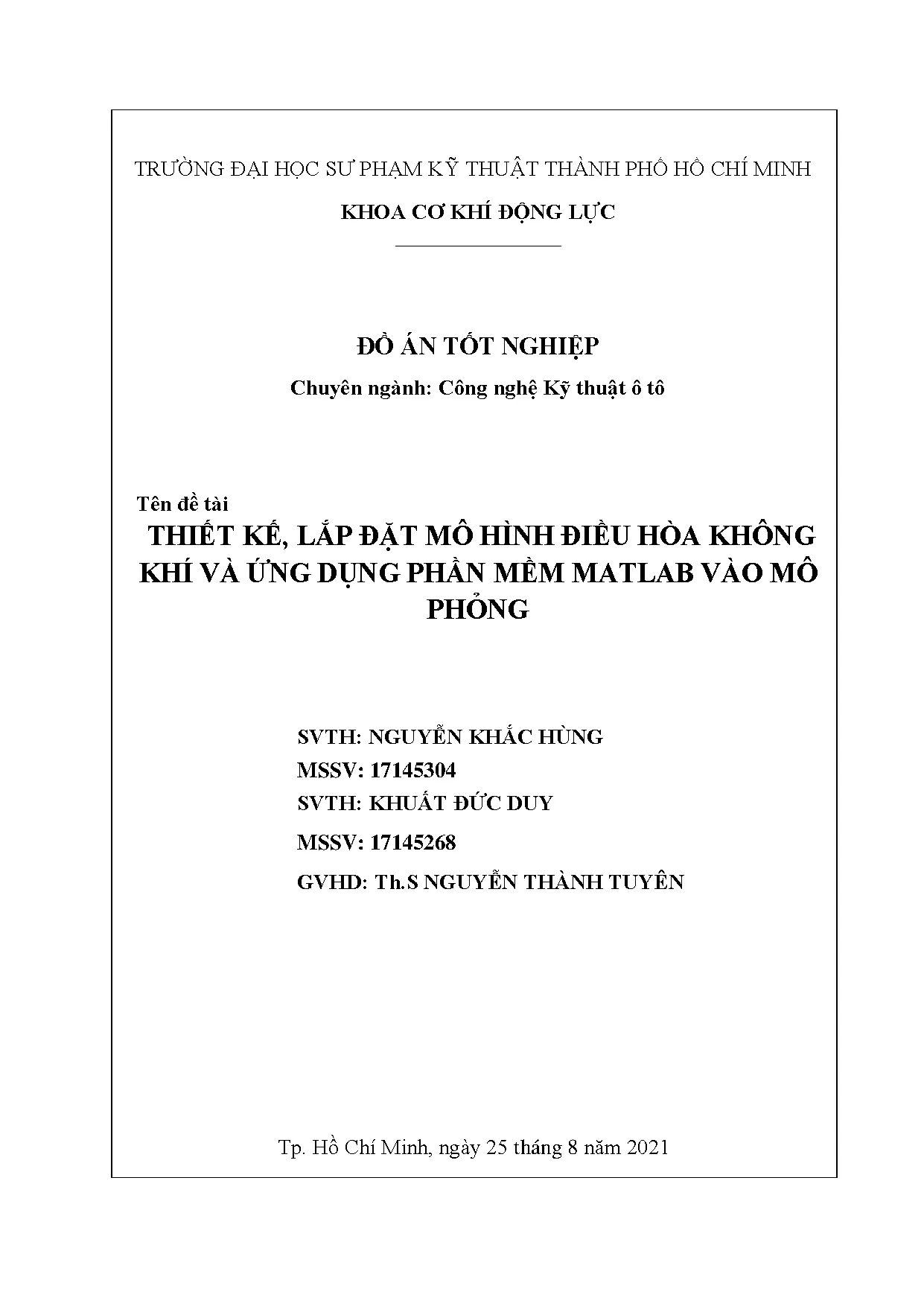 Đồ án tốt nghiệp - Thiết kế, lắp đặt mô hình điều hòa không khí và ứng dụng phần mềm MVMPĐÁTNNCNKTÔT