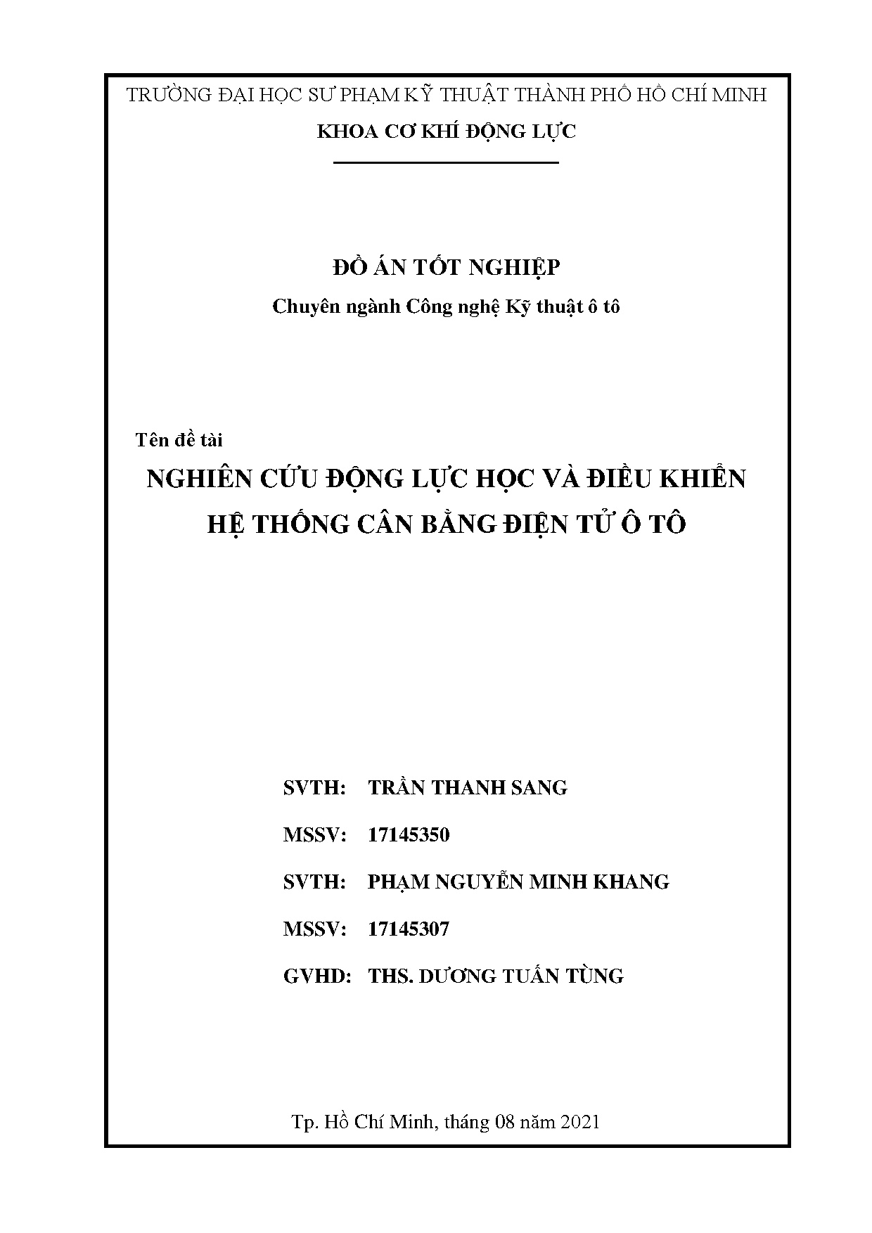 Đồ án tốt nghiệp - Nghiên cứu động lực học và điều khiển hệ thống cân bằng điện tử ô tô