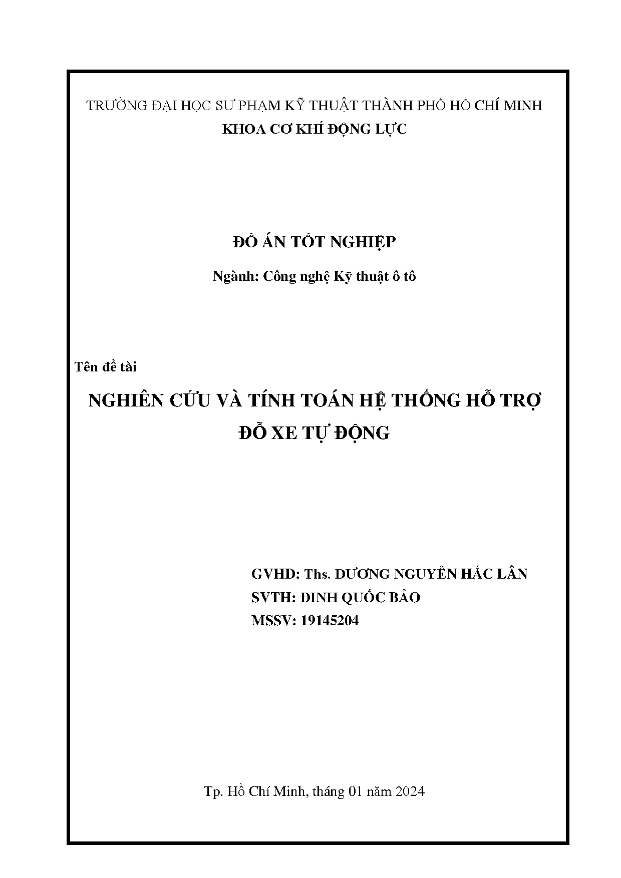 Đồ án tốt nghiệp - Nghiên cứu và tính toán hệ thống hỗ trợ đỗ xe tự động