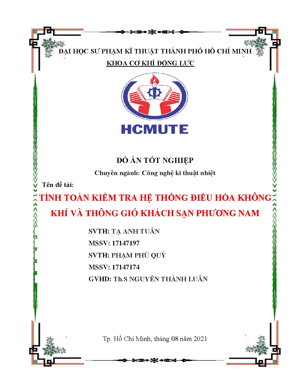 Đồ án tốt nghiệp - Tính toán kiểm tra hệ thống điều hòa không khí và thông gió khách sạn Phương Nam