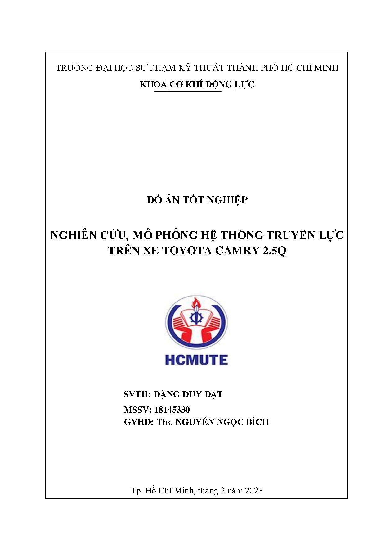 Đồ án tốt nghiệp - Nghiên cứu, mô phỏng hệ thống truyền lực trên xe Toyota Camry 2.5Q