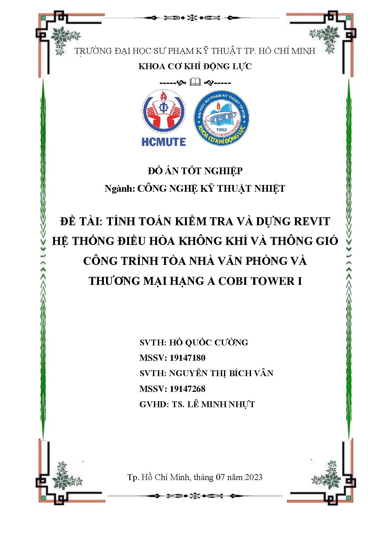 Đồ án tốt nghiệp - Tính toán kiểm tra và dựng Revit hệ thống điều hòa không khí và TGCTTNVPVTMHACTI