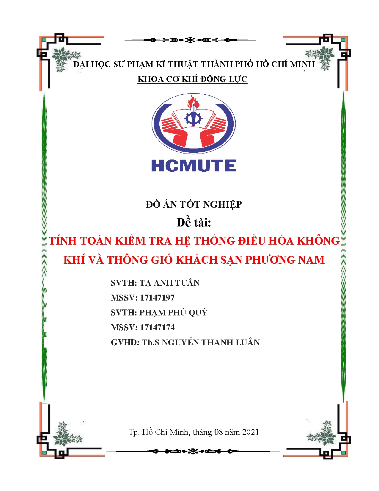 Đồ án tốt nghiệp - Tính toán kiểm tra hệ thống điều hòa không khí và thông gió khách sạn Phương Nam