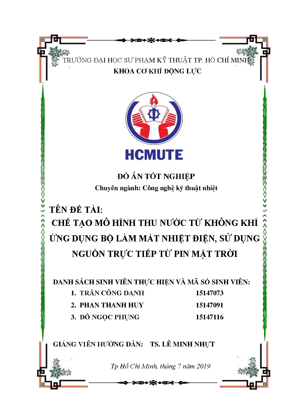 Đồ án tốt nghiệp - Ứng dụng bộ làm mát nhiệt điện để ngưng tụ hơi nước TKKSDNĐTTTPMT : ĐÁTNNCNKTN
