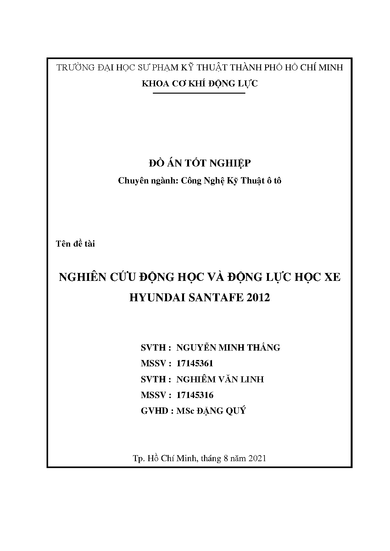 Đồ án tốt nghiệp - Nghiên cứu động học và động lực học xe Hyundai Santafe 2012