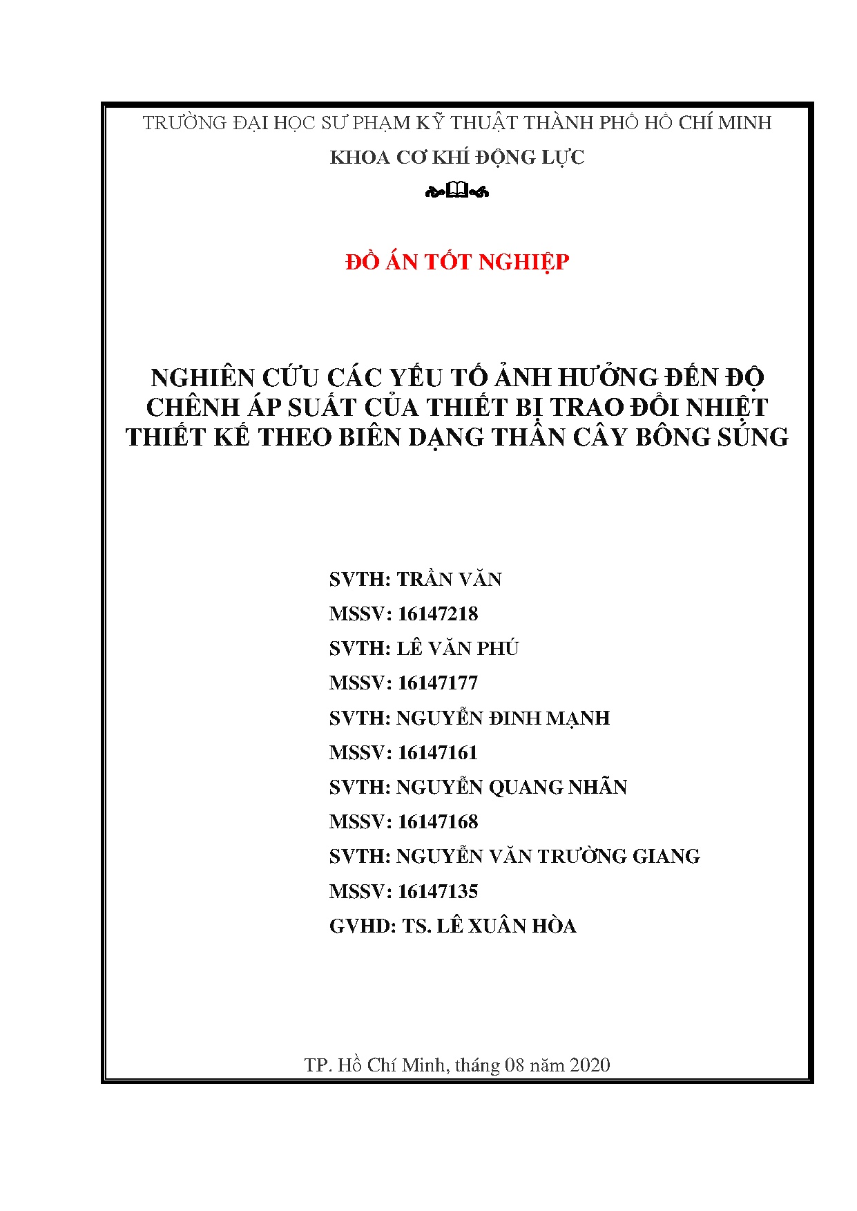 Đồ án tốt nghiệp - Nghiên cứu các yếu tố ảnh hưởng đến độ chênh áp suất của TBTĐNTKTBDTCBSĐÁTNNCNKTN