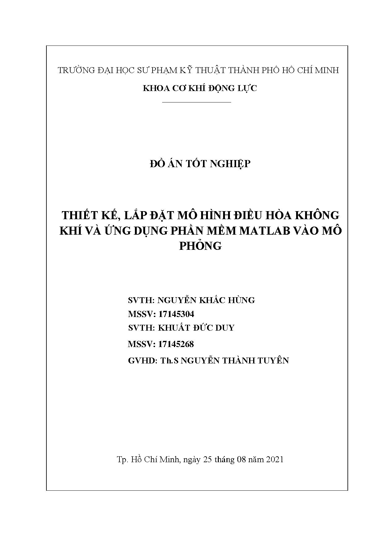 Đồ án tốt nghiệp - Thiết kế, lắp đặt mô hình điều hòa không khí và ứng dụng phần mềm Matlab vào mô P