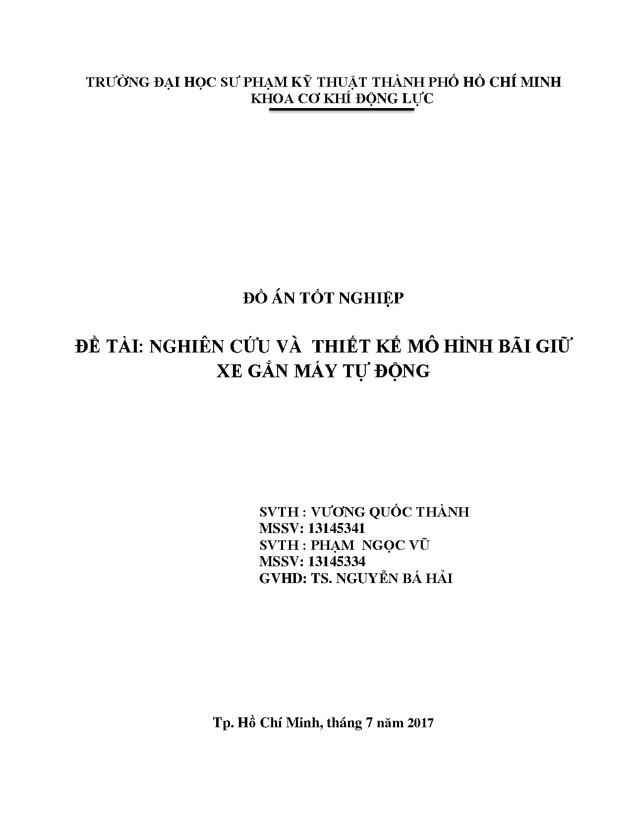 Đồ án tốt nghiệp - Nghiên cứu và thiết kế mô hình bãi giữ xe gắn máy tự động