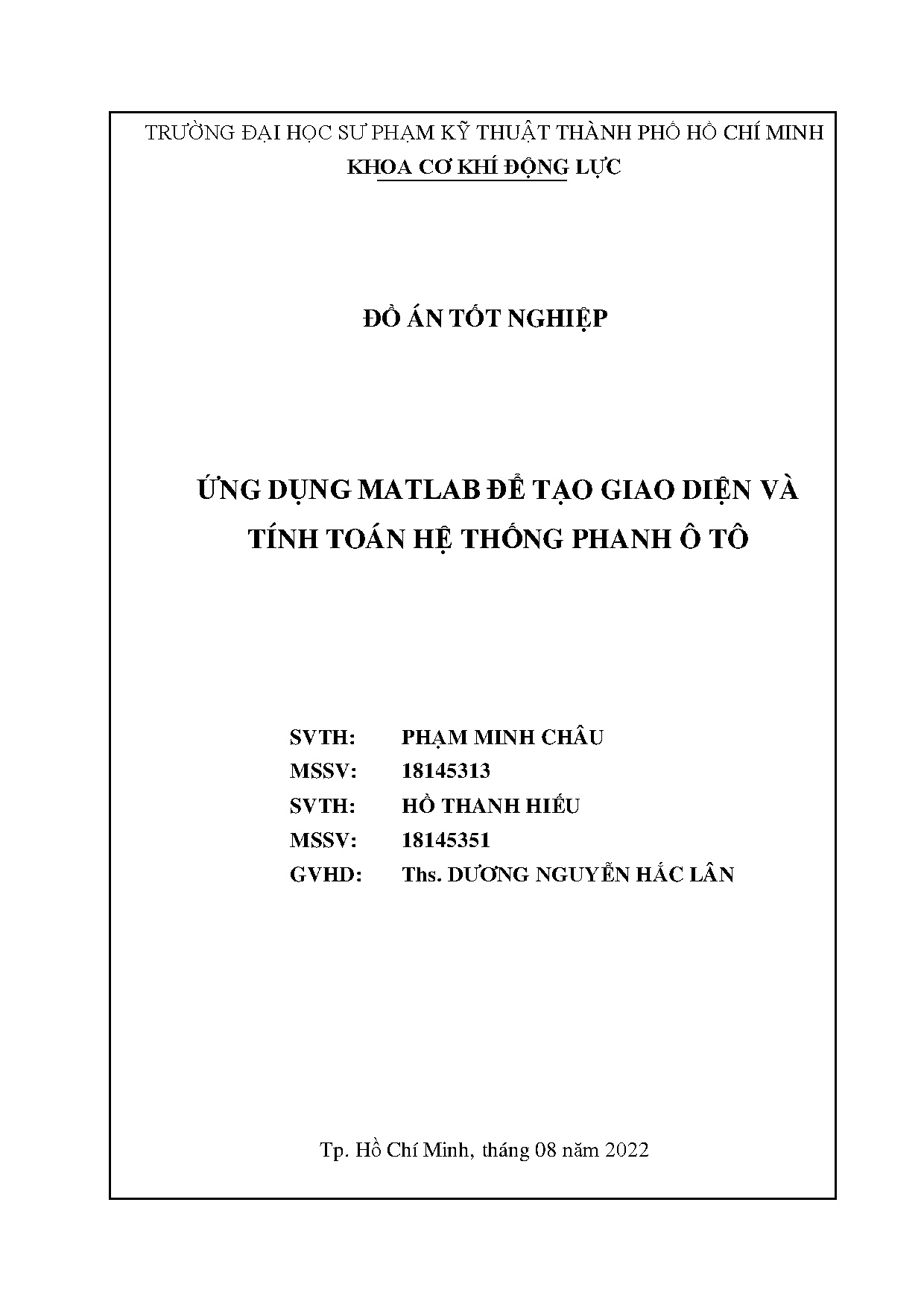 Đồ án tốt nghiệp - Ứng dụng Matlab để tạo giao diện và tính toán hệ thống phanh ô tô