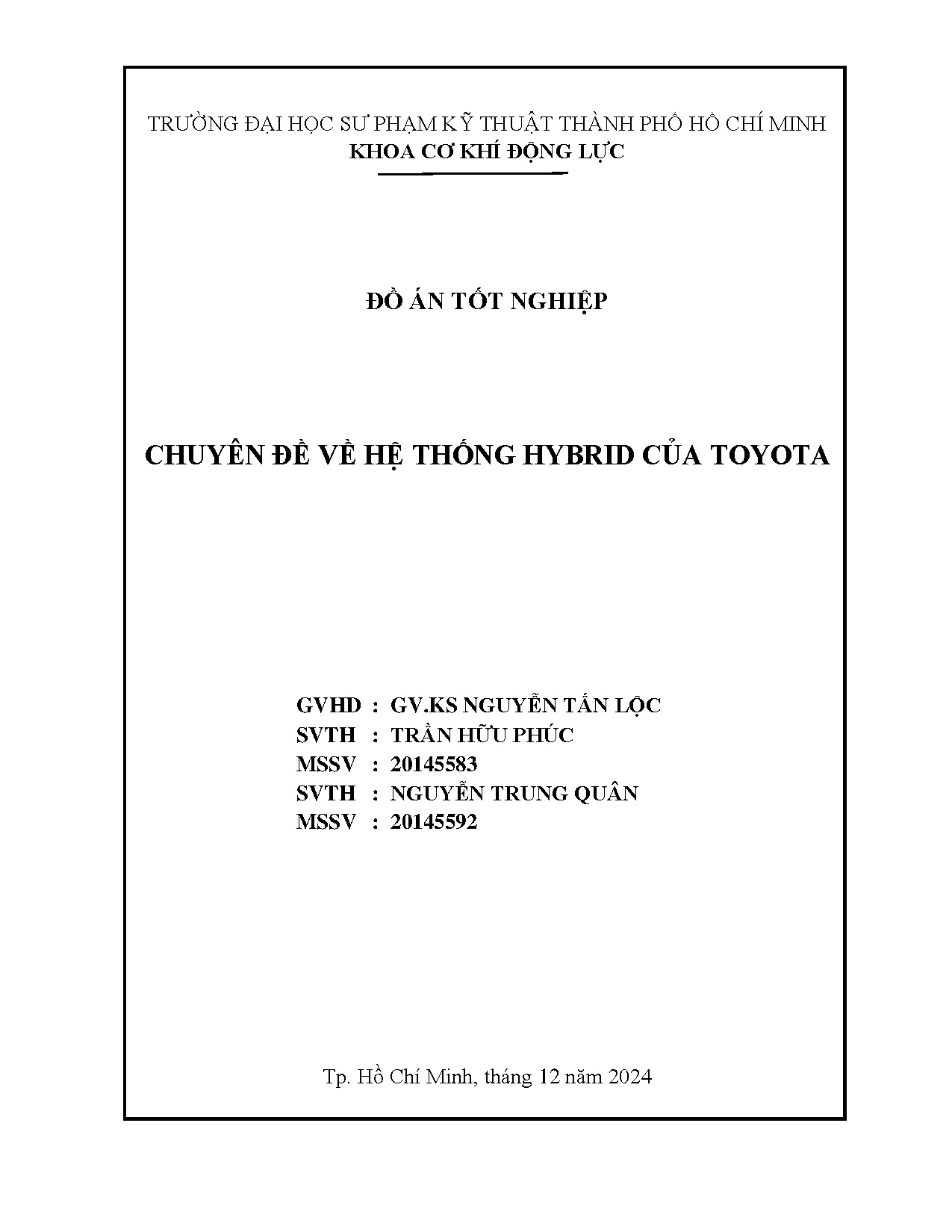 Đồ án tốt nghiệp - Chuyên đề về hệ thống Hybrid của Toyota
