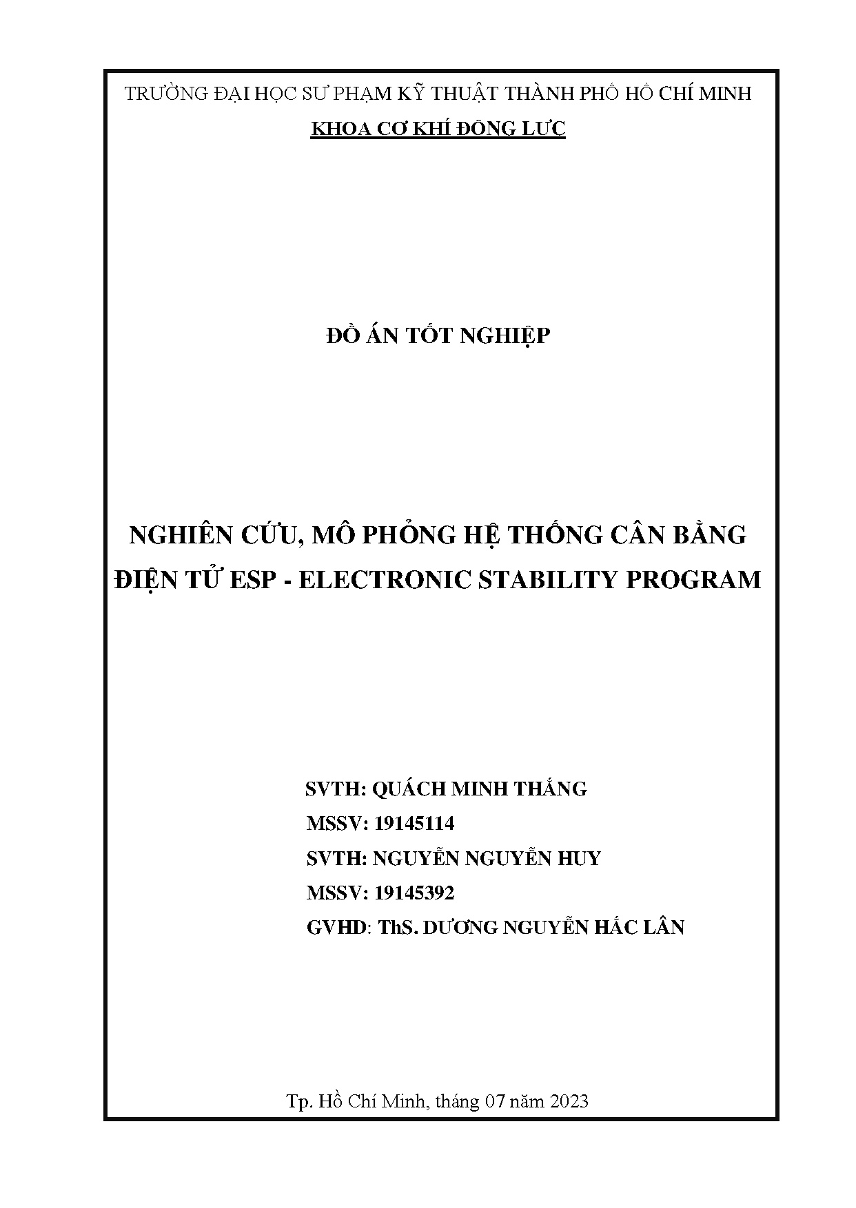 Đồ án tốt nghiệp - Nghiên cứu, mô phỏng hệ thống cân bằng điện tử ESP-Electronic Stability Program